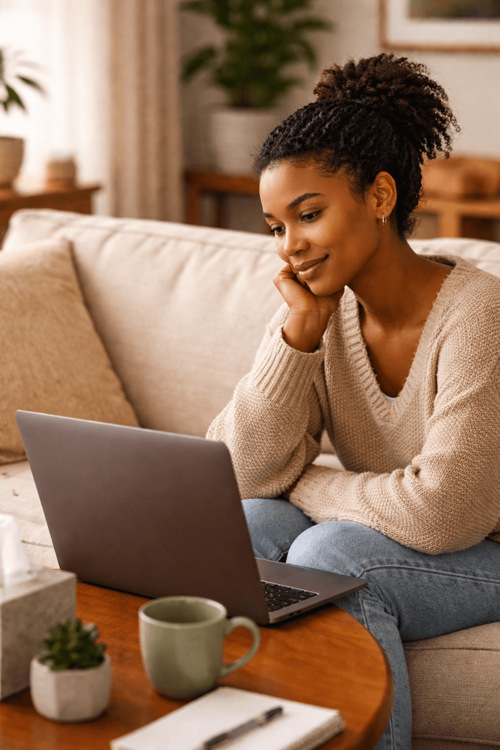 Client attending a virtual therapy session on a laptop